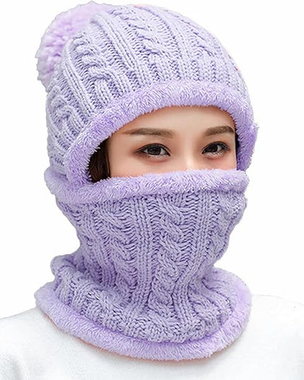HUAMULAN Women Winter Beanie Hats One Piece Fleece Lined Knit Balaclavas Mask Set Skull Neck Circle Scarf Ski Snow Hat Pompom