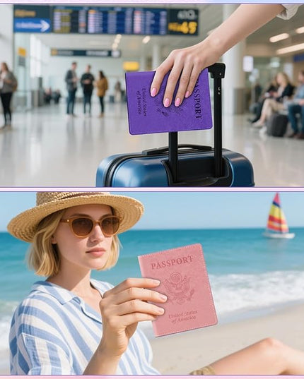 Passport Holder for Travel, 2 PCS Passport Holder, Travel Passport Holders Must Haves for Women Men, Pink and Purple Passport Cover Passport Wallet Case Holders for Travel Cruise Ship Essentials Gifts