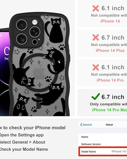 Cute Case for iPhone 14 Pro Max Case [Compatible with MagSafe] with Kawaii Black Cats Cat Print Pattern Design for Women Girls, Soft Wavy Edge Anti-Slip Animal Magnetic Protective Phone Cover