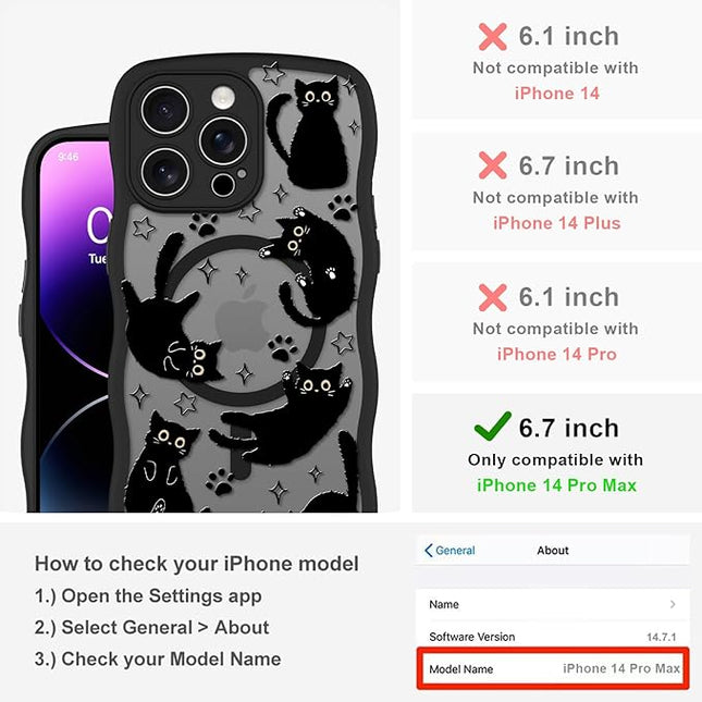 Cute Case for iPhone 14 Pro Max Case [Compatible with MagSafe] with Kawaii Black Cats Cat Print Pattern Design for Women Girls, Soft Wavy Edge Anti-Slip Animal Magnetic Protective Phone Cover