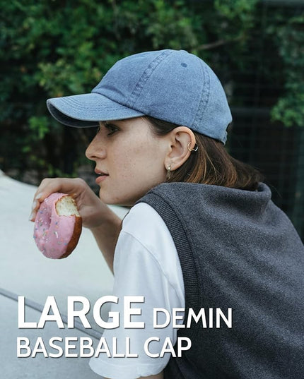 XXL Oversize Washed Denim Baseball Cap,Low Profile Jean Sports Cap for Big Heads 23.5"-25.5",Large Pigment Dyed Dad Hat