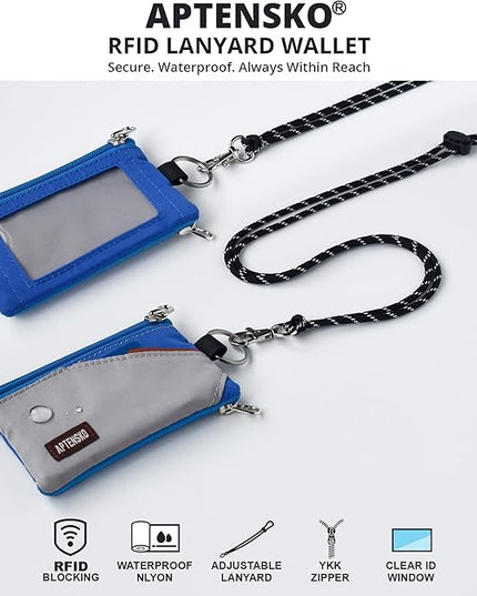 RFID Travel Wallet with Adjustable Lanyard-Zipper Small Wallet with ID Card Holder, Keychain for women&men-Minimalist Slim Waterproof Nylon case for ID, Cash, Key (Grey+Blue)