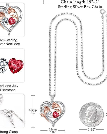 Iefil Christmas Gifts for Women Wife - 925 Sterling Silver Rose Heart Birthstone Necklace Birthday Anniversary Jewelry Gifts for Her Wife Mom Daughter