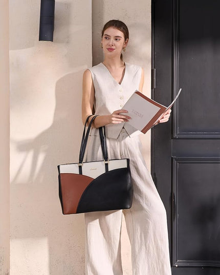 LOVEVOOK Laptop Bag for Women,17.3Inch Work Teacher Bags Leather Tote Bag Briefcase Waterproof Computer Bag for Women，Black-White-Brown