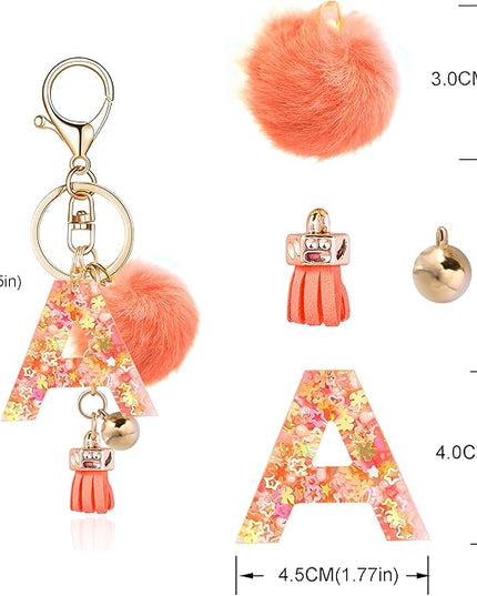 Resin Alphabet Initial Letter Keychain Keyring for Women Purse Handbags With Fur Ball Pom