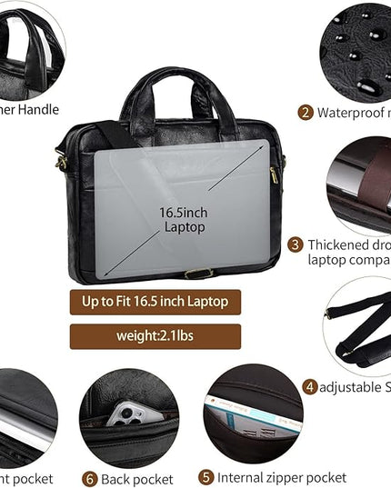 Faux Leather Messenger Bag for Men 15.6 Inch: Laptop Bag Briefcase Computer Handbags Shoulder Crossbody Bag with Padded Laptop Sleeve for Work College Travel, PU Black