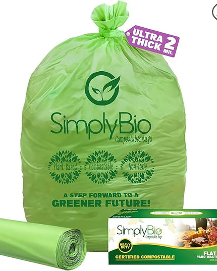 Simply Bio 50-55 Gallon Compostable Trash Bags Liners Flat-Top, Heavy Duty Extra Thick 2 Mil, 208.2 Liter, 12 Bags, Lawn, Yard, and Restaurant Use, ASTM D6400, US BPI, OK Compost Home Certified