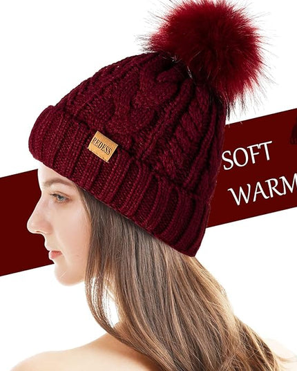 REDESS Women Winter Pompom Beanie Hat with Warm Fleece Lined, Thick Slouchy Snow Knit Skull Ski Cap
