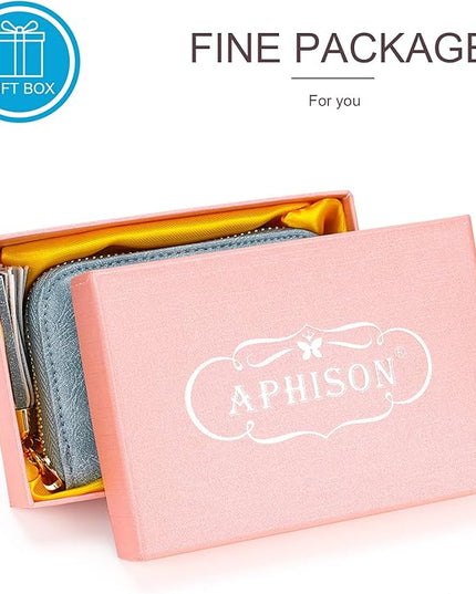 APHISON RFID Credit Card Holder Zipper Card Case Keychain Small Wallet for Women 1927 BLUE