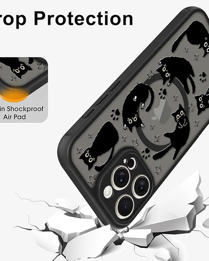 Cute Magnetic Case for iPhone 16 Pro Case [ Compatible with MagSafe ] with Black Cat Cats Pattern Design for Women Girls Boys, Soft Bumper Hard Back Kawaii Animal Protective Phone Cover