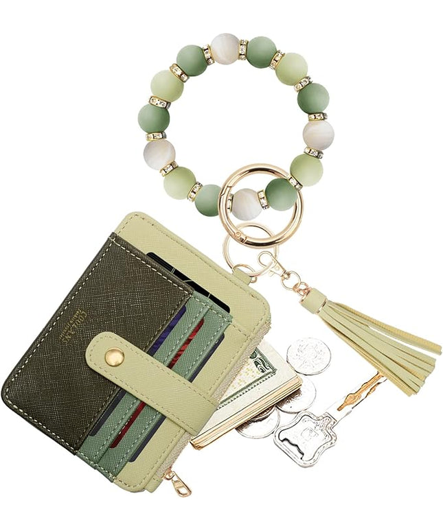 COOLANS Silicone Bracelet Wristlet Wallet Credit Card Holder RFID,ID Window,Key Ring Tassel,Slim Wallet Women Keychain Purse