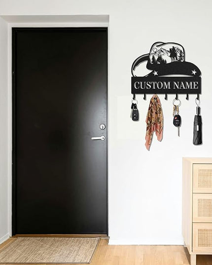 LOWACOS Personalized Key Holder for Wall, Custom Metal Cowboy Key Hooks with Name, Meta Jacket Holder Hooks Organizer Rack, Jacket Hanger Decor for Kitchen, Entryway, Hallway, Office, Doorway