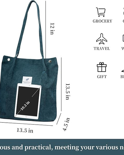 Corduroy Tote Bag Cute Tote Bags for Women Shoulder Bag with Inner Pocket for Work Beach Travel and Shopping Grocery