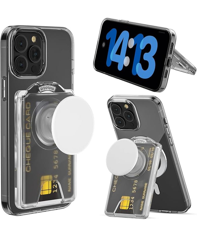 for MagSafe Wallet Stand, Magnetic Wallet Stand Adjustable, Phone Stand Card Holder with Secure Grip, for Galaxy S25 S24 S23 Series and for iPhone 17 16 15 14 13 Series, Fit 3 Cards, Translucent White
