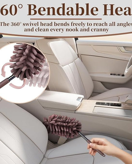 2 PCS Car Interior Duster with Extension Pole, Microfiber Car Dusters with Bendable Head, Cars Duster Exterior&Interior Scratch Free, for Cleaning of Vehicle Details, Offices, Window, Furniture(Brown)