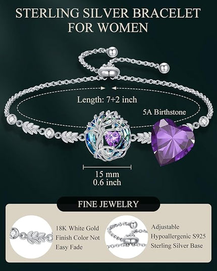 TOUPOP Tree of Life Birthstone Bracelet 925 Sterling Silver Family Tree Austrian Crystal Jewelry Anniversary Birthday Christmas Gifts for Women Wife Girlfriend Her
