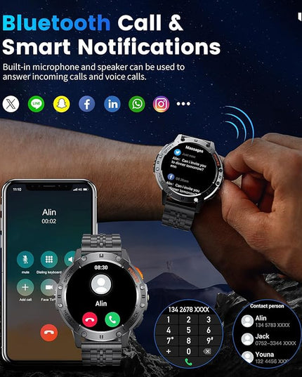 LIGE 1.43" AMOLED Smart Watch for Men with Flashlight, Bluetooth Calling, 100+ Sport Modes, 530mAh, IP68 Waterproof Fitness Tracker for Workout, iOS Android Compatible, Black Steel Leather
