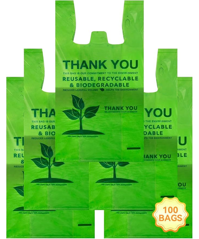 100 Count 100% Biodegradable Thank You Bags – Compostable, Recyclable, Eco-Friendly Grocery T-Shirt, 11.5" x 6.25" x 21", 16 Mic