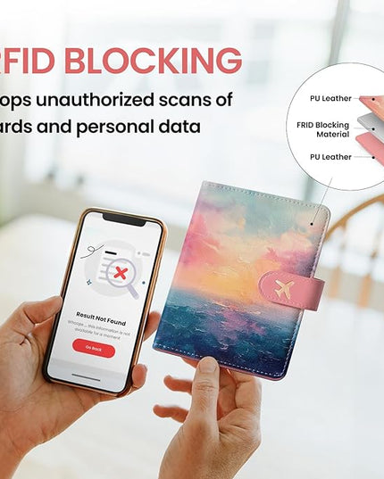 Passport Holder for Travel Essentials, RFID Blocking Leather Cover Wallet with Magnetic Closure, Aesthetic & Cute Passport Book Case for Women and Men - Sunrise (Upgraded with Money Pocket)