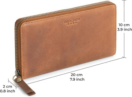 BERLINER BAGS Vintage Genuine Leather Wallet Margo, RFID Blocking Credit Card Holder, Slim Womens Wallet, Zip Around Wallet for 13 Cards and ID window, Bills, Coins - Brown