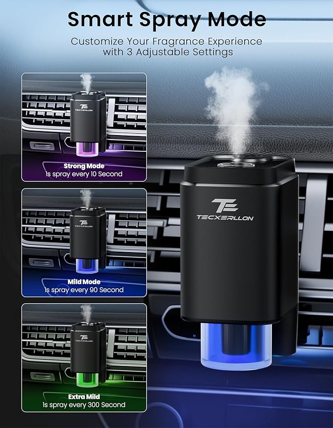 Smart Car Air Freshener, Car Air Freshener Diffuser, Car Diffuser with 360° Rotatable Vent Clip 3 Smart Scent Modes, 6 Refillable Scents for Long Lasting Fragrance