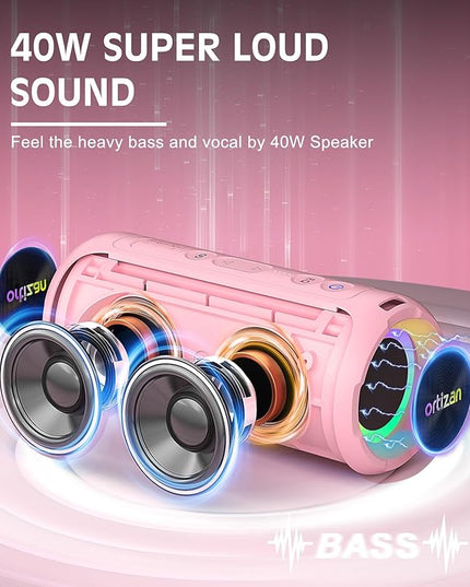 Ortizan Bluetooth Speakers, Portable Wireless Stereo Speaker - IPX7 Waterproof, 30W RMS(40W Peak) Loud Sound, Deep Bass, LED Light, Bluetooth 5.3, for Home/Shower/Outdoor/Beach, Gifts for Adult, Pink