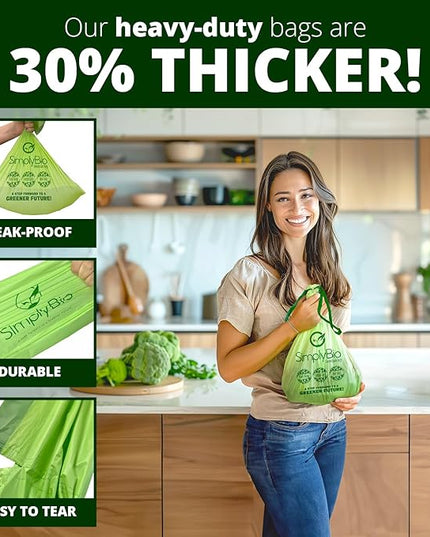 Simply Bio 3 Gallon Compostable Trash Bags Liners Drawstring, Heavy Duty Extra Thick 1 Mil, 11.36 Liter, 50 Bags, Small Kitchen Food Scrap Waste Bag, ASTM D6400, US BPI and OK Compost Home Certified