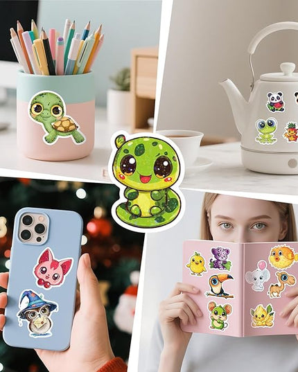 100 PCS Cute Stickers, Holographic Laminated Thickened Vinyl Big-Eye Animal Water Bottle Sticker Classroom| Easier to Peel Off| Scratch & Fade Resistant| No Curling| Reusable