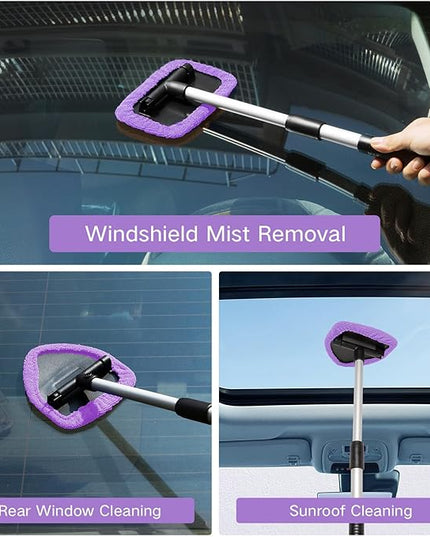 11pcs Windshield Cleaner Tool, Car Window Cleaning Wash Kit with 6 Reusable Microfiber Pads 2 Spray Bottles and Extendable Handles Auto Glass Wiper Kit, Purple