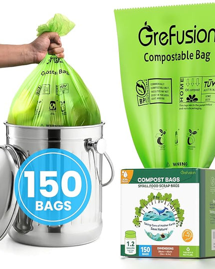 GreFusion Compostable Trash Bags for Kitchen Compost Bin 1.2 Gallon,150 Count,Compost Bags Small for Food Scrap Waste Bags for Countertop Bin Certified by BPI,ASTM D6400 and OK Compost