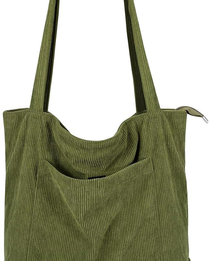 Iioscre Corduroy Tote Bag for Women,Hobo HandBags with Zipper,Large Capacity Casual Shoulder Handbags with Inner Pockets