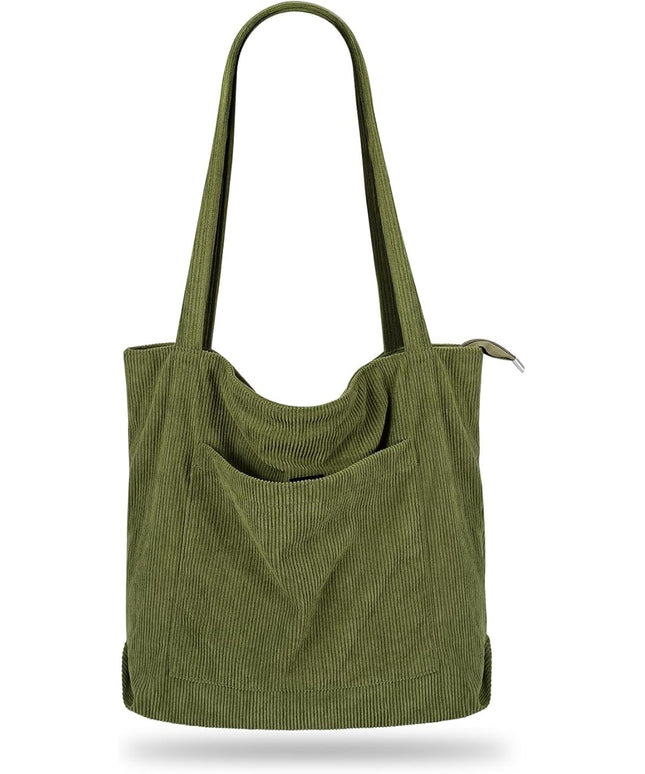 Iioscre Corduroy Tote Bag for Women,Hobo HandBags with Zipper,Large Capacity Casual Shoulder Handbags with Inner Pockets