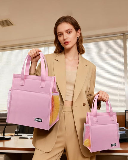 Fmeida Insulated Lunch Bag Women, 6.75L Small Lunch Bags with Multiple Pockets, Reusable Thermal Cooler Tote for Work, Office, Picnic, Travel | Hook and Loop Closure, Pink