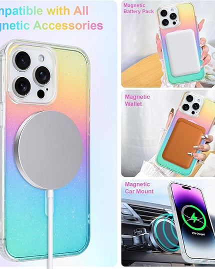Glitter Case for iPhone 14 Pro Max Case for Women Girls [ Compatible with Magsafe ] Clear Cute Girly Aesthetic Iridescent Rainbow Sparkly Bling Magnetic Phone Cover, Gradient Blue & Pink