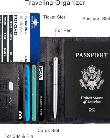 WALNEW Passport Holder for Travel, RFID Passport Cover Wallet for Women Men, PU Leather Passport Book Card Holder Case with Pen, Travelling Essentials for Flying