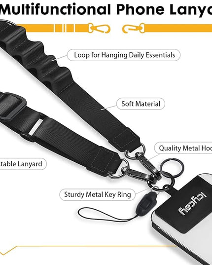 Phone Lanyard Crossbody, Black Cell Phone Lanyard for Around The Neck Adjustable Phone Strap, Anti Theft Long Lanyard for iPhone Case ID Holder Keys Phone Accessories Travel Essential for Women
