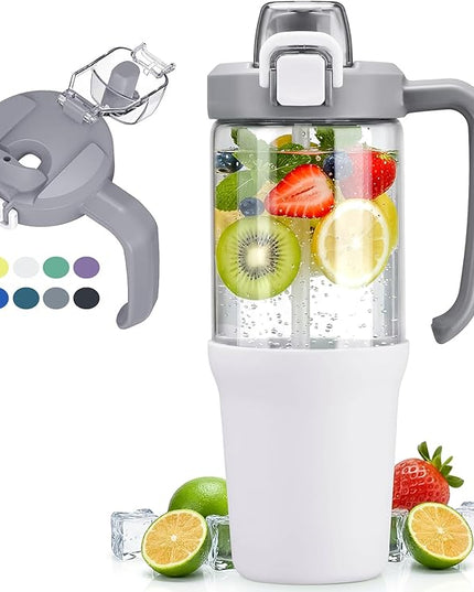 32oz Glass Water Bottle, 2-in-1 Straw and Sip Spout Lid, Leakproof Wide Mouth Tumbler with Handle, BPA-Free Reusable Bottle for Sports, Office, Outdoor, White