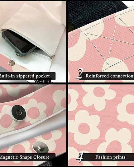 Canvas Tote Bag for Women，Cute Heavy-Duty Shoulder Bag with Zipper Pocket -Travel Tote for Grocery, Gym,Shopping