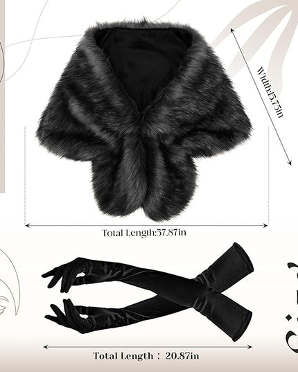 Zhanmai 2 Pcs Winter Long Shawl Cloak Stretchy Glove Opera Bridal Dance Gloves for Women Dress Party Coat