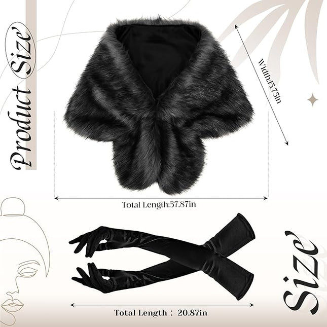 Zhanmai 2 Pcs Winter Long Shawl Cloak Stretchy Glove Opera Bridal Dance Gloves for Women Dress Party Coat