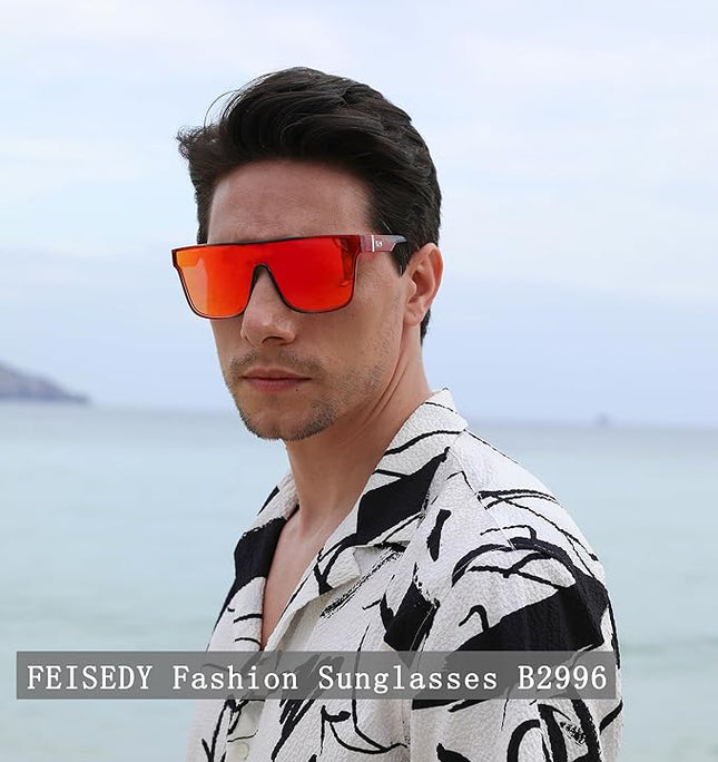 FEISEDY Sunglasses for Women Men, Fashion Mirrored Single Lens, Driving Beach Sunnies UV400 Shades B2996
