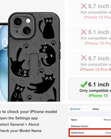 Cute Case for iPhone 15 Case with Finger Loop Stand, Kawaii Black Cats Pattern Design for Women Girls Boys, Full Camera Protection Protective Phone Cover with Hand Strap Kickstand