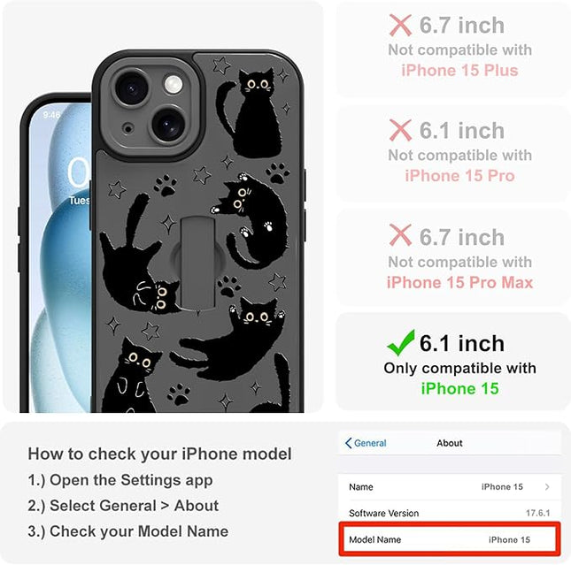 Cute Case for iPhone 15 Case with Finger Loop Stand, Kawaii Black Cats Pattern Design for Women Girls Boys, Full Camera Protection Protective Phone Cover with Hand Strap Kickstand