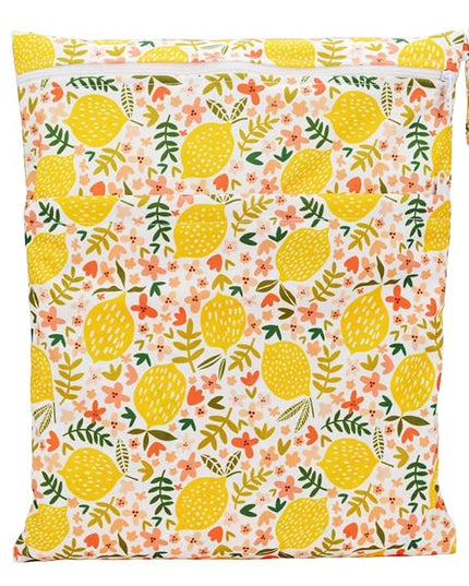 Wet Dry Bag Baby Cloth Diaper Nappy Reusable Washable With Two Zippered Pockets (Lemons)