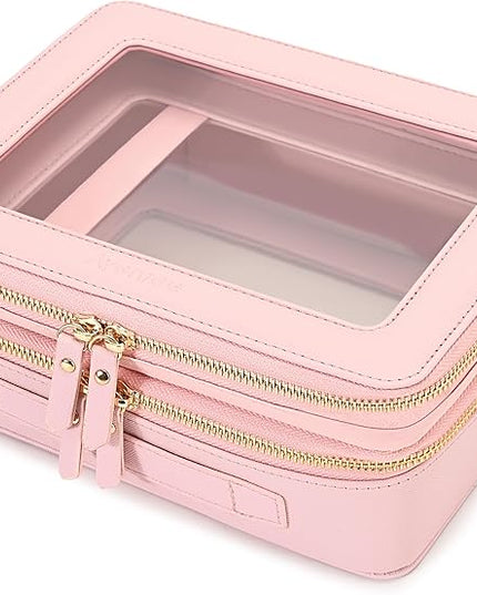 Aveniee XL Clear Makeup Organizer,Double Layer Travel Cosmetic Case with Brush Holder & Zippered Compartments,Big Toiletry Bag for Travel Accessories,2 Layers Large,Pink