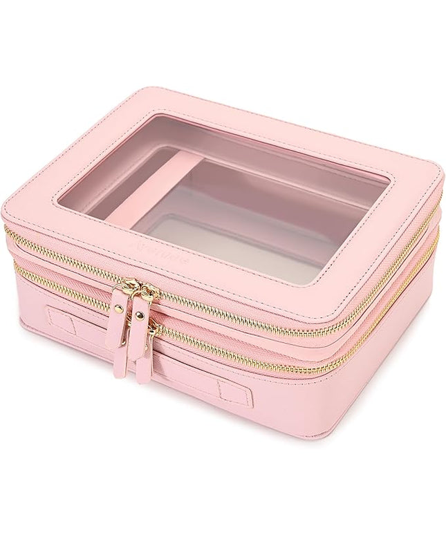 Aveniee XL Clear Makeup Organizer,Double Layer Travel Cosmetic Case with Brush Holder & Zippered Compartments,Big Toiletry Bag for Travel Accessories,2 Layers Large,Pink