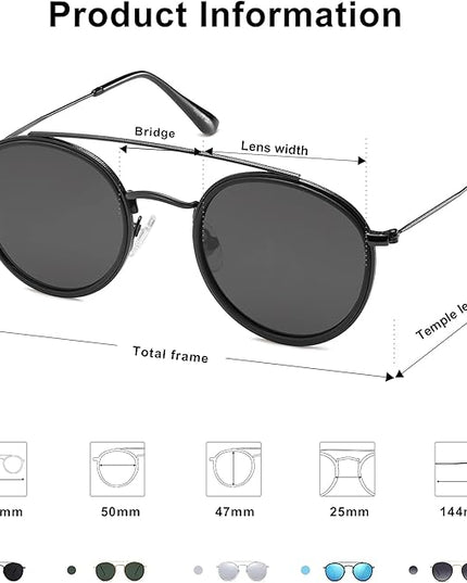SOJOS Retro Vintage Round Polarized Sunglasses for Women Men Small Double Bridge Circle Sunnies SJ1104