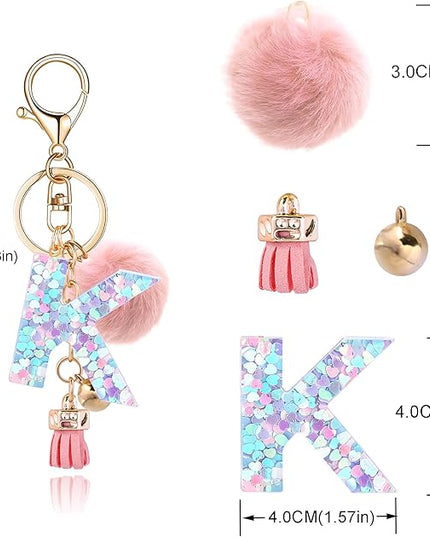 Resin Alphabet Initial Letter Keychain Keyring for Women Purse Handbags With Fur Ball Pom