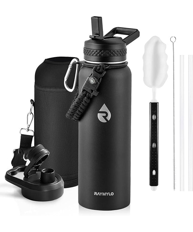 Insulated Water Bottle 40 oz, Triple Wall Vacuum Stainless Steel (Cold for 48 Hrs), Leak Proof & Non-BPA, Modern Water Flask Jug with Paracord Handle & Straw Spout Lids, Magic Black