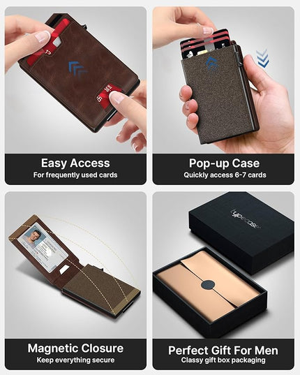 typecase Mens Wallet Card Holder: Pop Up Card Case, Genuine Leather, Smart, RFID Blocking, Slim, Minimalist, Thin, Front Pocket - 9-13 Card Capacitiy | ID Window | Money Clip (Brown)